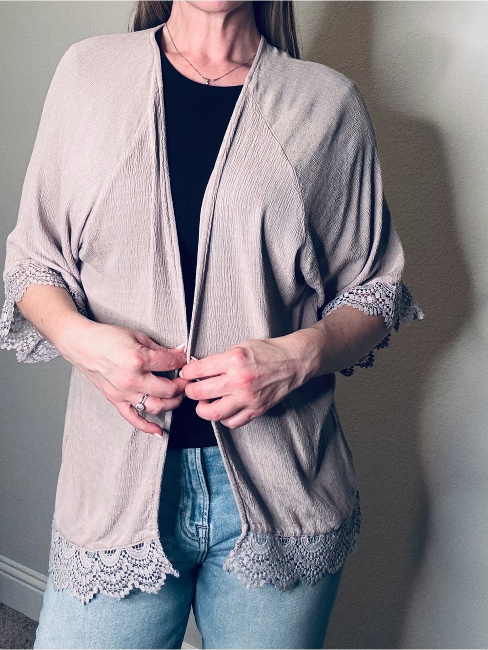 Maurices 3/4 Sleeve Open Kimono Crotchet Lace-Mauve Sz L